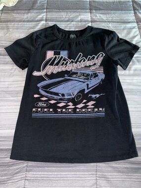 Ford Black Tee with Pink & Light Blue Mustang Graphic